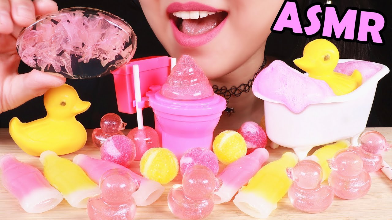 ASMR EDIBLE BUBBLE BATH, CHOCOLATE DUCK, JELLY FLOWER SOAP, CANDY EATING SOUNDS 咀嚼音 젤리 초콜릿 사탕 먹방 ゼリー