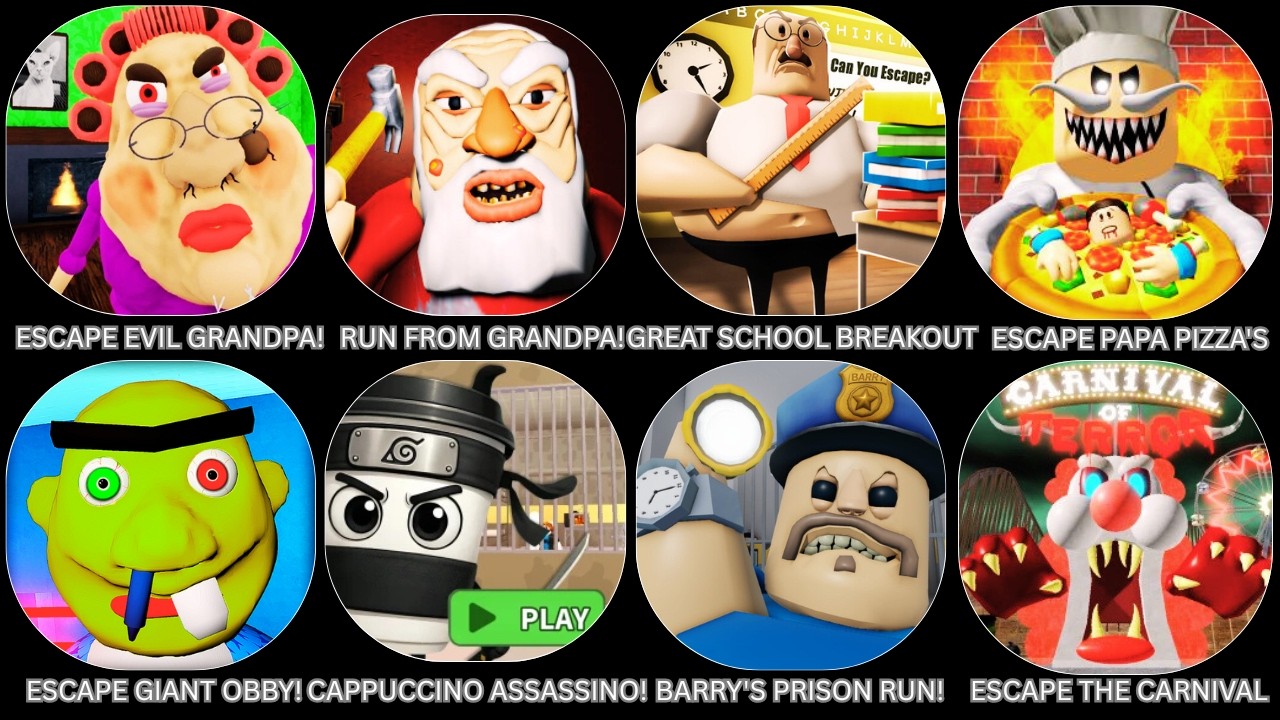 Roblox,Stumble Guys,Papa Pizza's Pizzeria!,Cappuccino Assassino,Evil Grandpa,Barry's Police Girl....