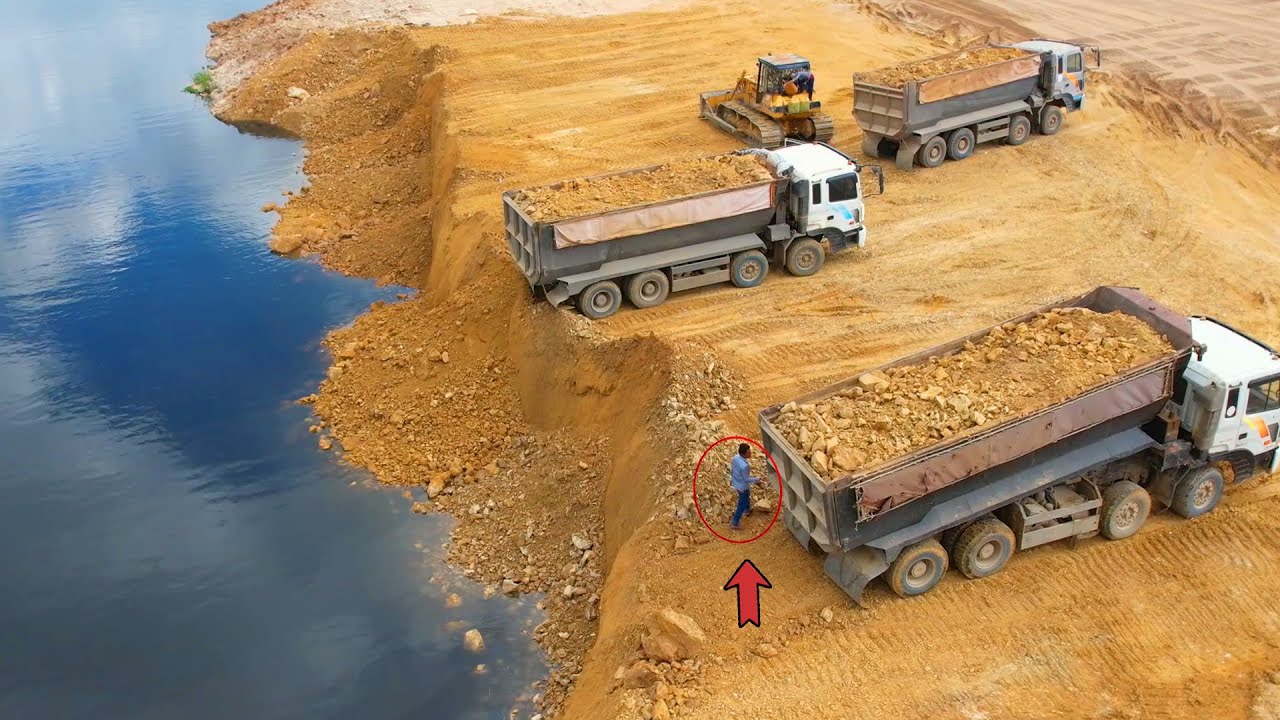 OMG! Incredible Heavy Dump Truck Back Dumping Stone Soil Repairing Landslide- Deep Water Landfilling