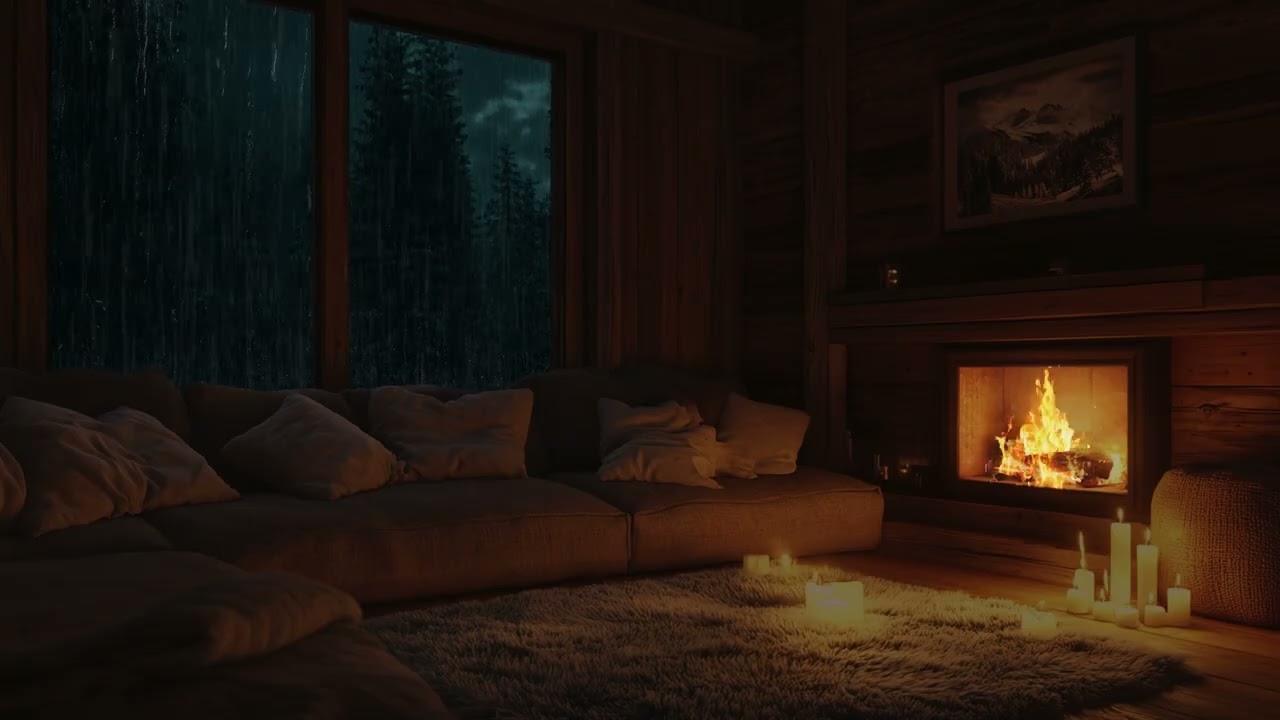 Heavy Thoughts at Night, Rain Falling Outside While the Fireplace Burns Softly