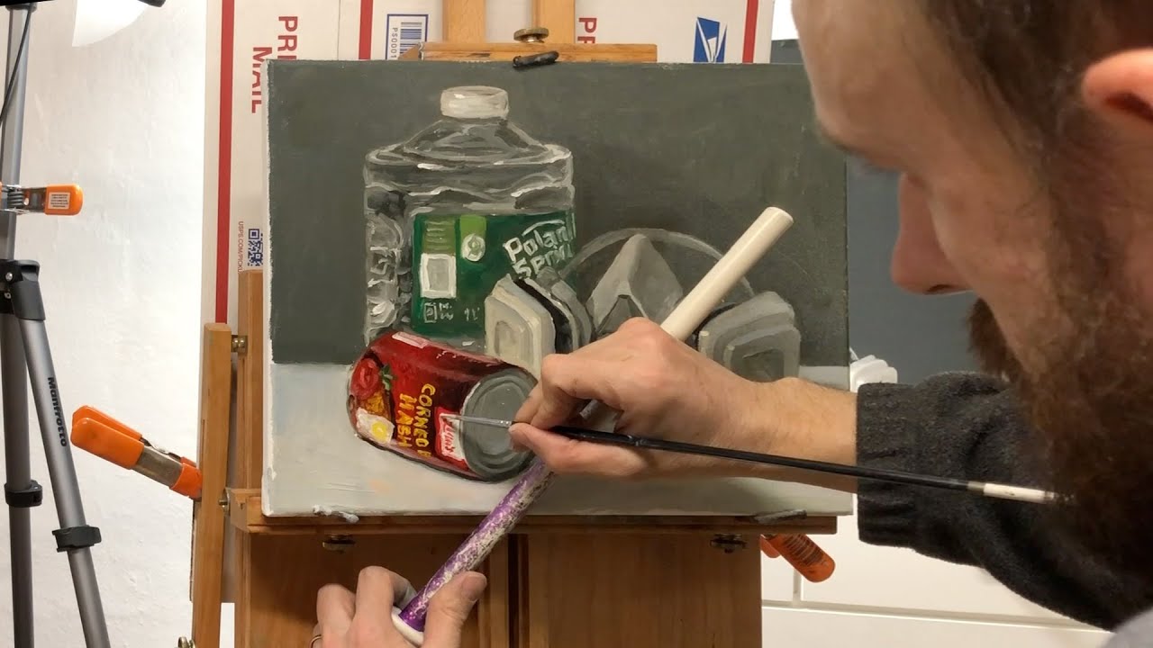 How to paint transparent plastic water bottle and shiny metal in oil demo by Aleksey Vaynshteyn