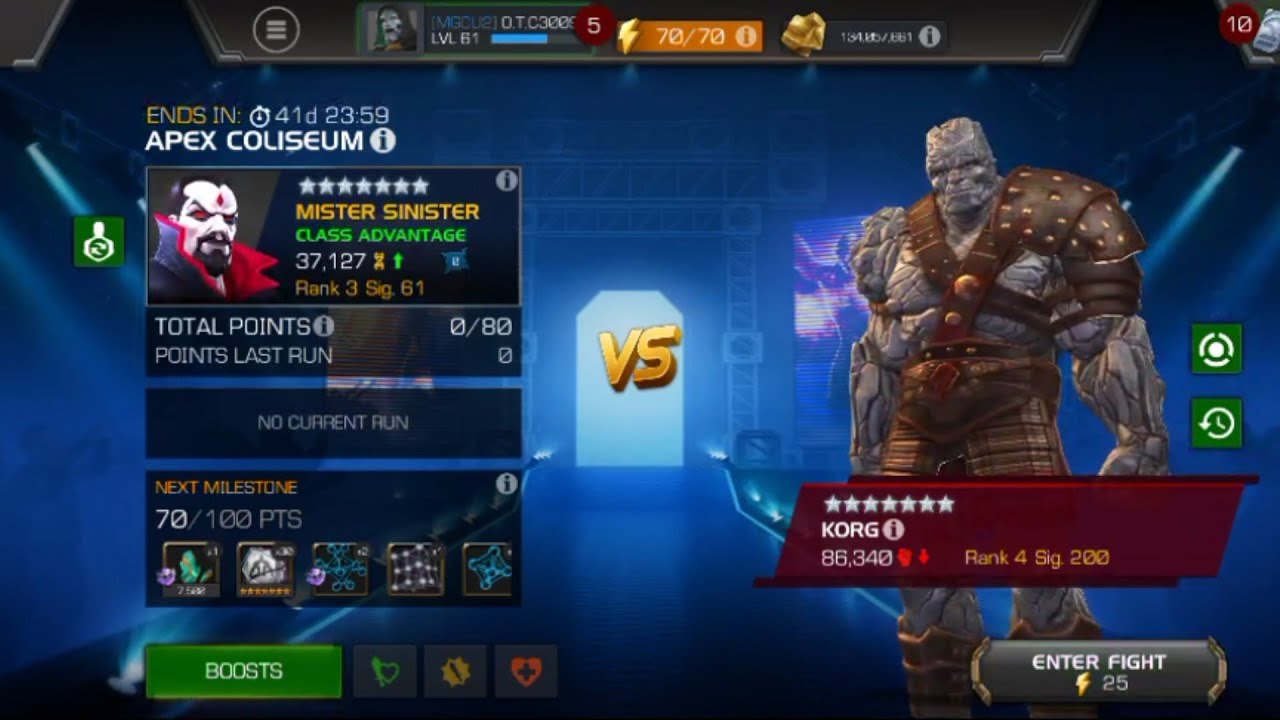 MCOC Week 2 Apex Coliseum Mister Sinister Vs Korg (4 Healthbars Down) 