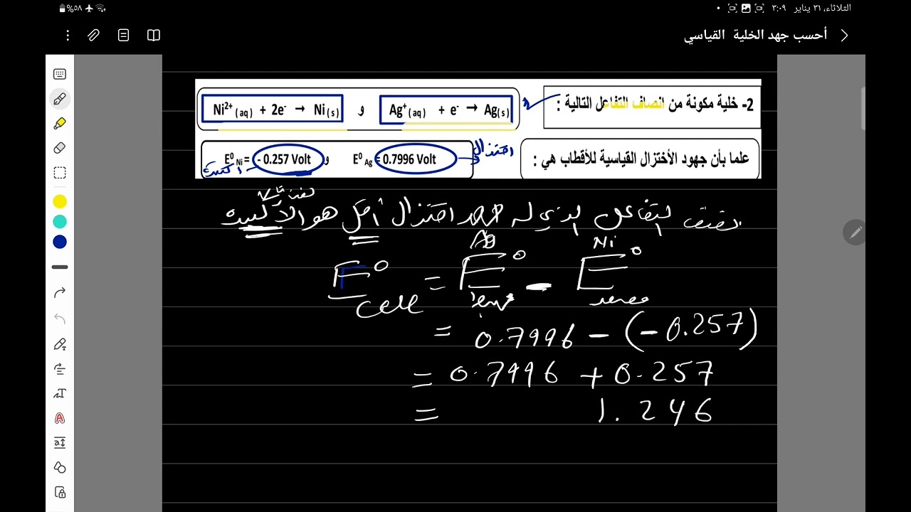 حساب جهد الخلية القياسي من انصاف التفاعل
