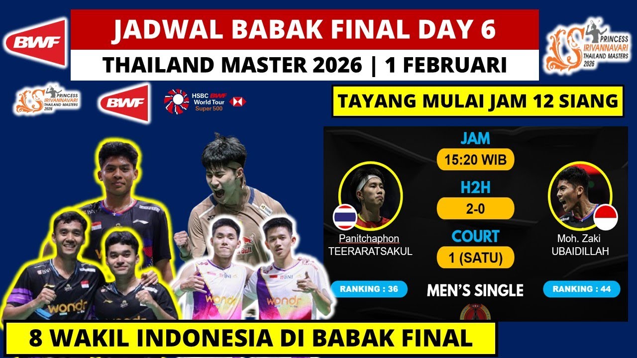 Jadwal Final Thailand Master 2026: All Indonesia Final di 2 Sektor | Tayang Jam 12 Siang LIVE BWF TV