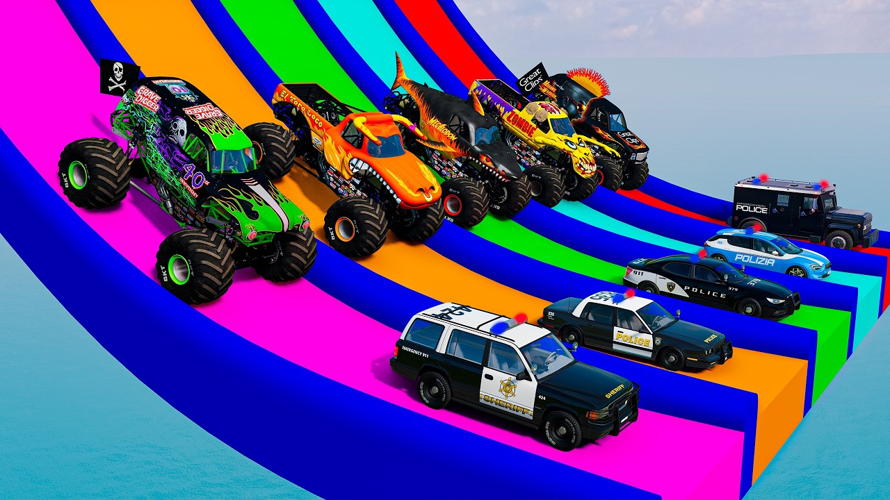 5 MONSTER TRUCKS VS Police in BeamNG.drive