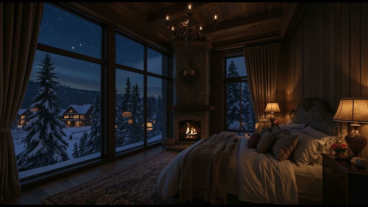 Fireplace Night in a Snowy Bedroom | Cozy Winter Night Ambience for Sleep & Relax