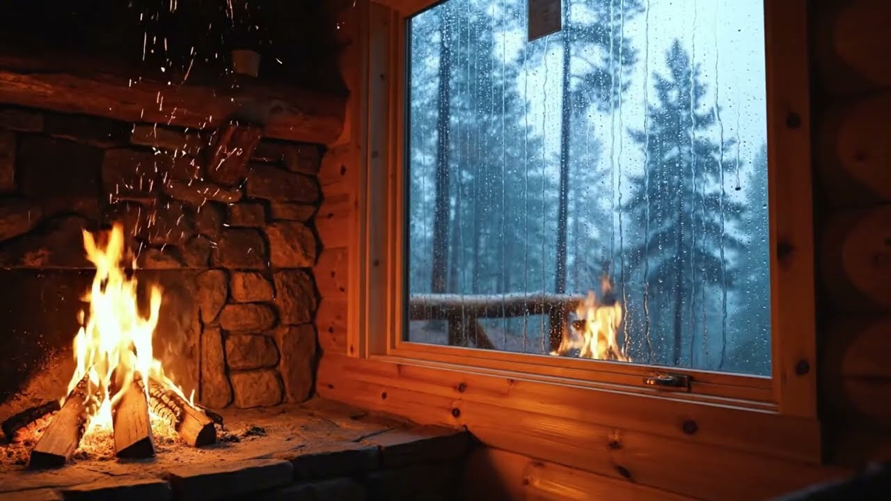 Cozy Fireplace in a Rainy Forest Cabin 🌲🔥 5H Relaxing Rain and Fire Sounds