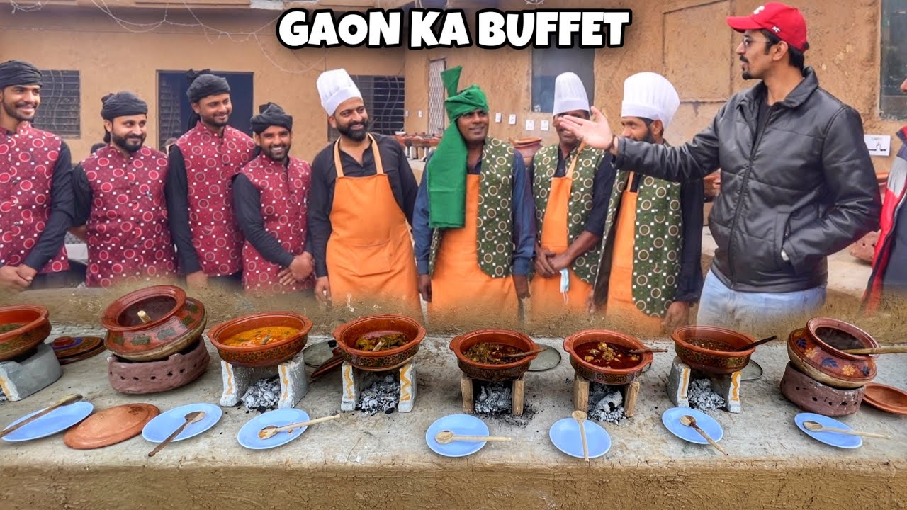 BUFFET IN VILLAGE OF PAKISTAN - Saag, Desi Chicken, Achar Gosht, Paya & 10 Dishes