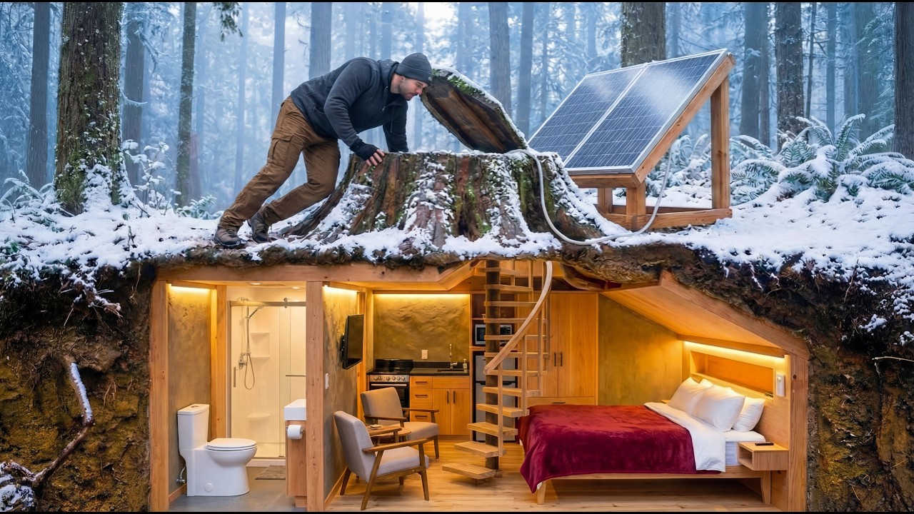 Building a Hidden Underground Cabin (ASMR) – This Man Starts Under a Tree Stump