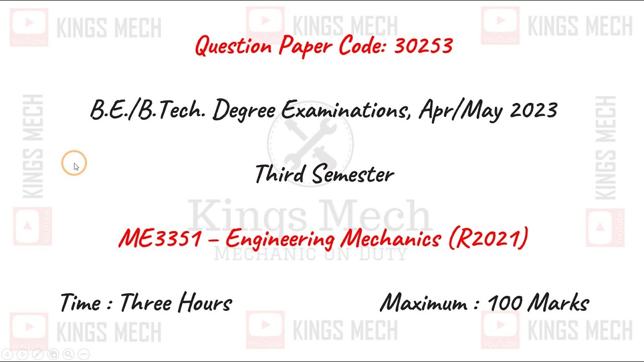 ME3351 Engineering Mechanics question Apr May 2023 solved