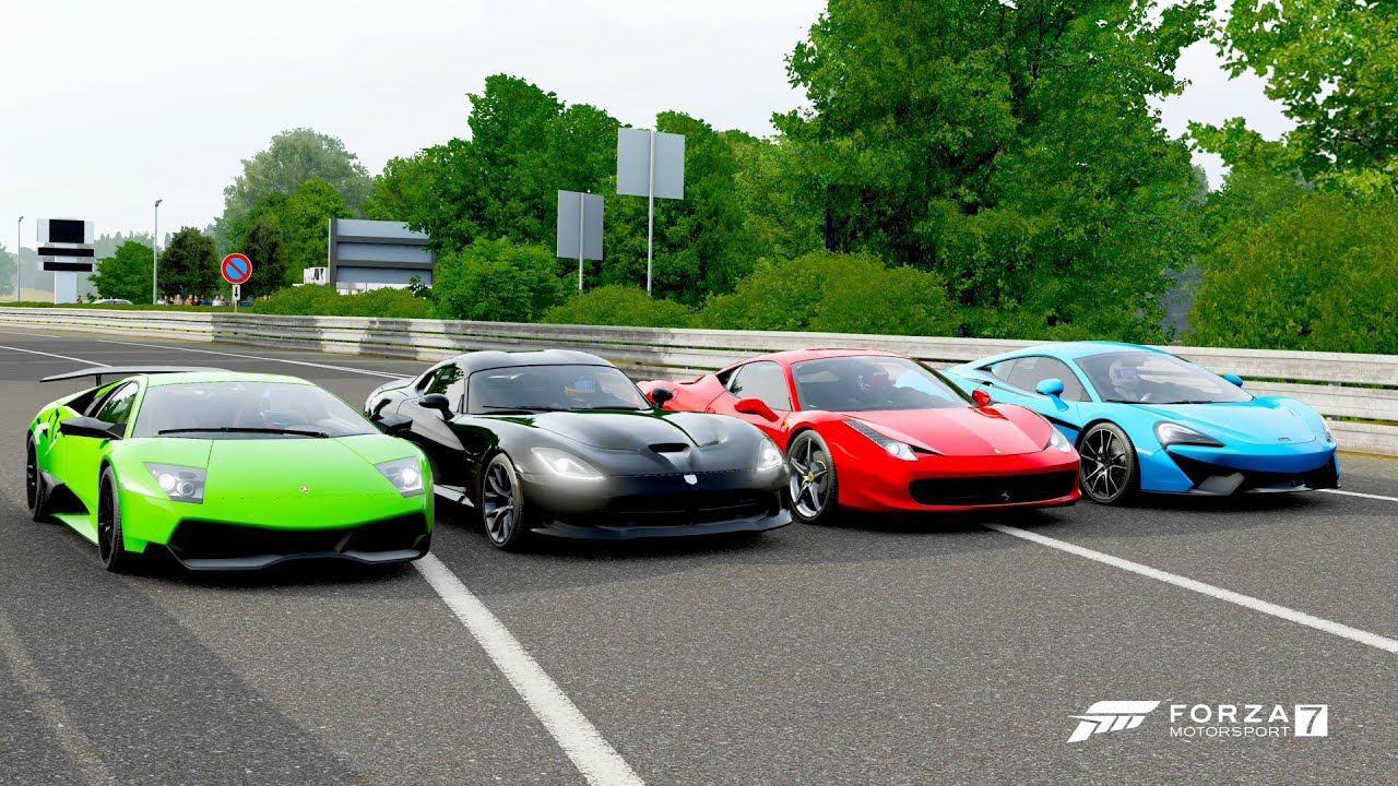 Forza 7 Drag race: Murcielago SV vs SRT Viper GTS vs McLaren 570S vs Ferrari 458 Italia