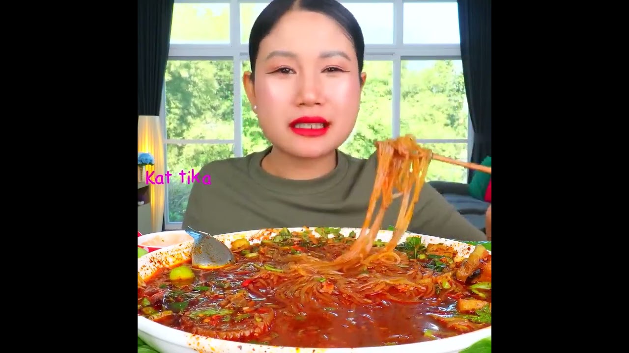 Eating spicy chicken noodle soup with 30 grilled chilies dipped in spicy shrimp paste  So deliciou