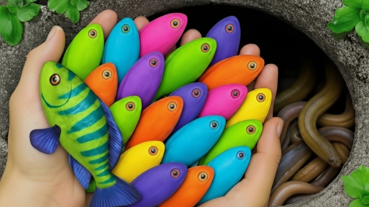 Catch beautiful aquarium fish in small pond baby turtles, eel, red guppy, koi, pacman frog, tadpole