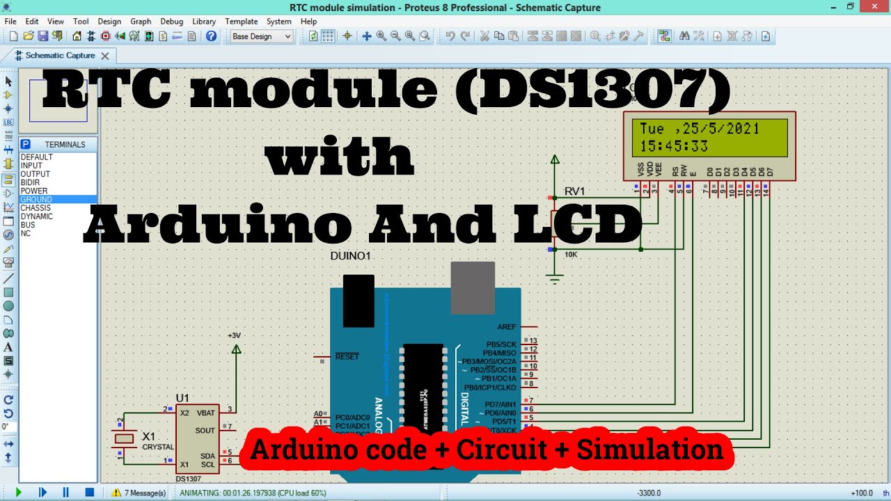 RTC(RealTime Clock) module with Arduino and LCD//RTC module simulation in proteus//DS1307 Simulation