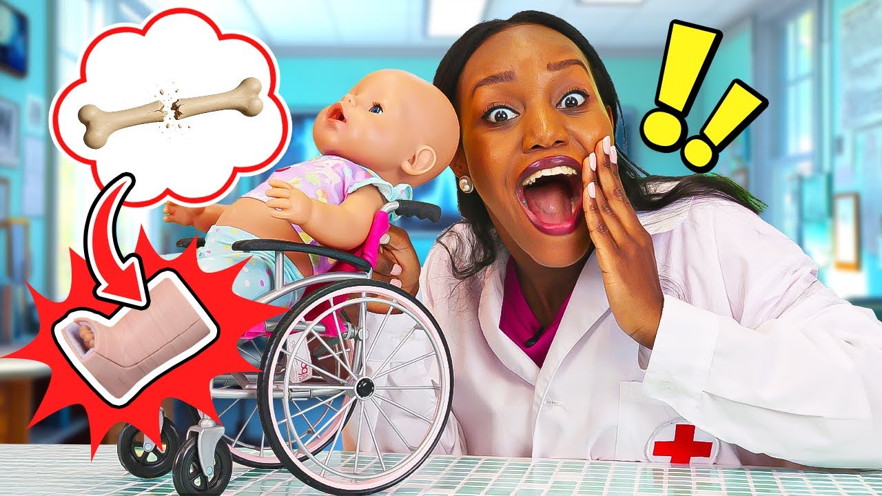 The baby doll's leg hurts! Let's look at the x-ray to see what's wrong with the baby doll's leg.