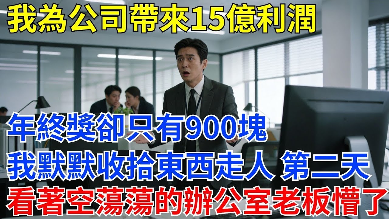 我為公司帶來15億利潤，年終獎卻只有900塊，我默默收拾東西走人，第二天看著空蕩蕩的辦公室老板懵了！#奇聞 #奇聞軼事 #故事頻道 #職場故事#爽文#故事分享