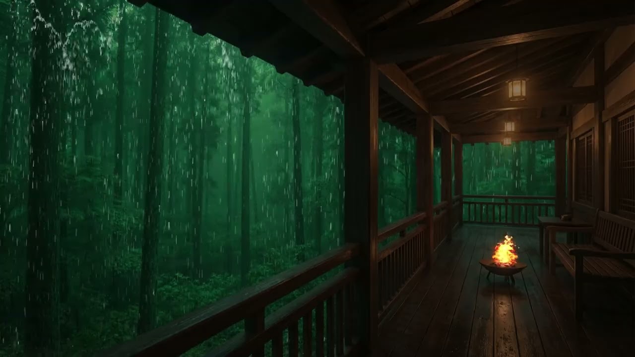 Soothing Heavy Rain and Fire Sounds for Calm, Peaceful Relaxation