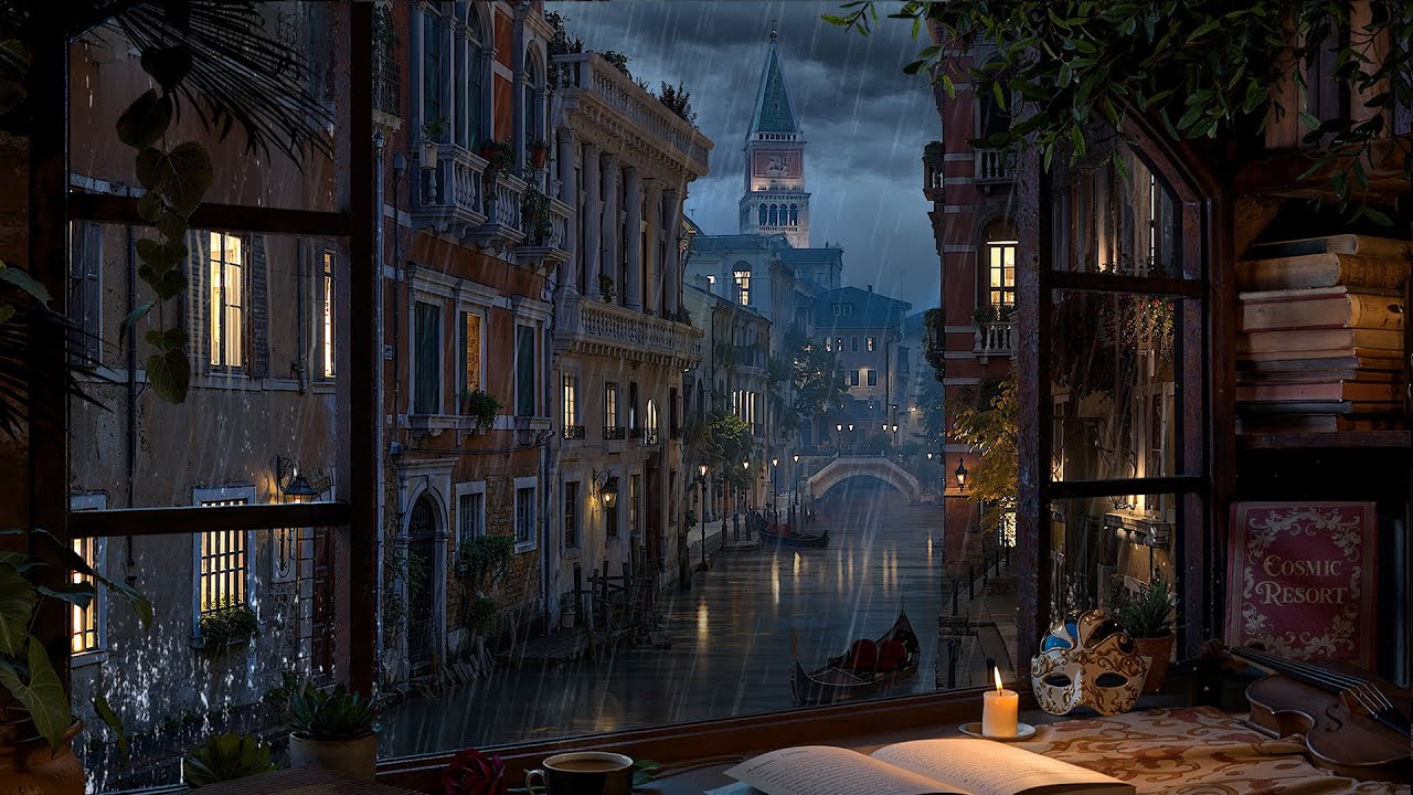 Venice Water Canal View Ambience with Relaxing Light Rain Sounds for Focus, Study, and Relaxation