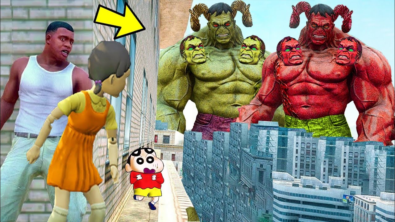 Franklin and Shinchan & Pinchan play HIDE AND KILL with Squid Game Doll In GTA 5