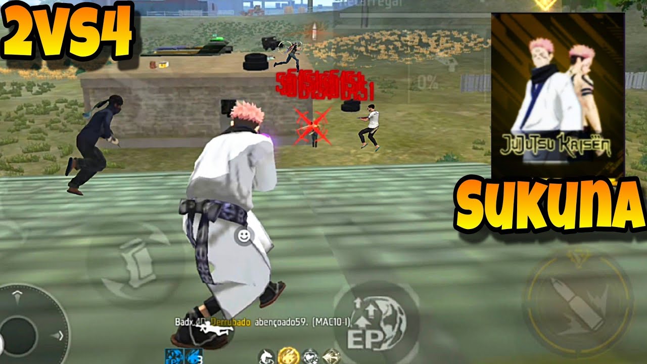 JOGUEI COM O CONJUNTO DO SUKUNA E AMASSEI TODOS NESSA PARTIDA 2 VS 4, FREE FIRE NOVA ATUALIZAÇÃO 