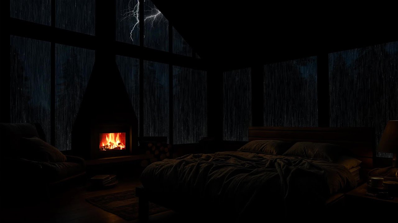 Rainstorm Outside Wooden Cabin | Thunder, Fireplace Crackling & Sleep Sounds