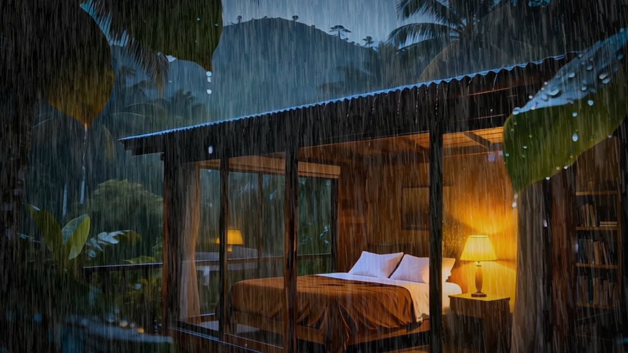 Under the wooden roof in a heavy rain - Night forest rain sounds, rain on peaceful porch