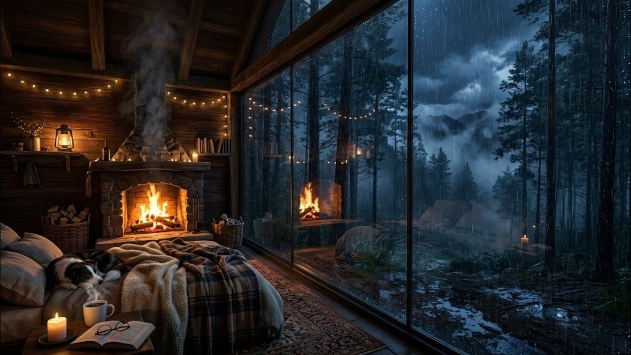 2 Hours of Heavy Rain & Fireplace Sounds in a Cozy Forest Cabin | Deep Sleep, Relax & Study Ambience