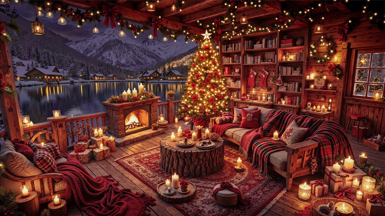 Warm Christmas Porch Fireplace Ambience 🎄 Smooth Christmas Jazz & Slow Snowfall for Relaxing Sleep