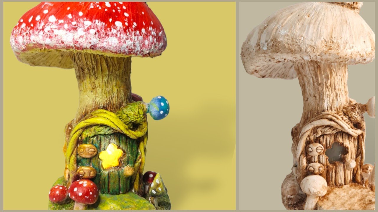 DIY Mushroom Fairy House Lamp Using Bottle & Air Dry Clay Craft Ideas