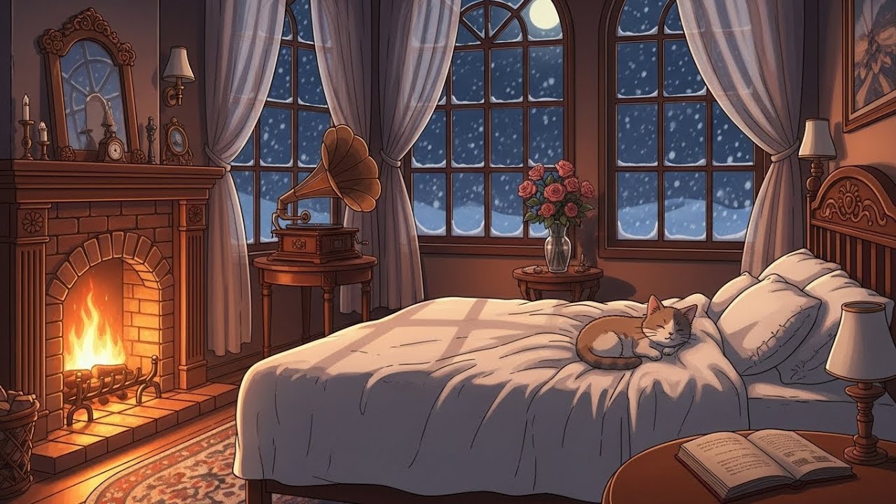 1950's cozy night with oldies playing in another room for relaxation (fireplace sounds), Vol. 4