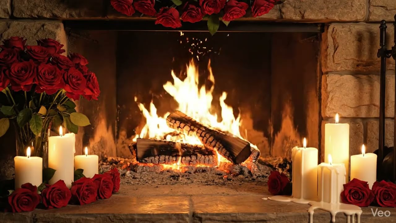 Romantic Fireplace Close-Up 🔥 Roses & Candlelight | Cozy Love Ambience Loop
