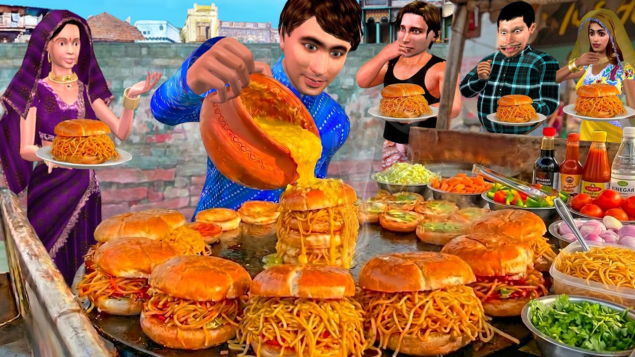 Viral Spicy Noddles Burger Tasty Chowmein Burger Street Food Hindi Kahaniya Moral Story Comedy Video