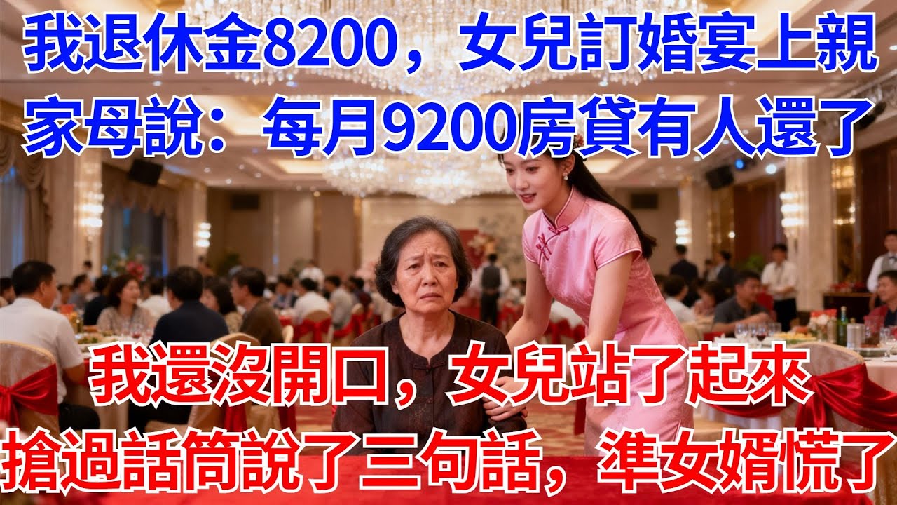 我退休金8200，女兒訂婚宴上親家母笑瞇瞇說：每月9200房貸有人還了，我還沒開口，女兒站了起來，搶過話筒說了三句話，準女婿慌了！#晚年生活#人生智慧#家庭關係#親子教育#情感故事