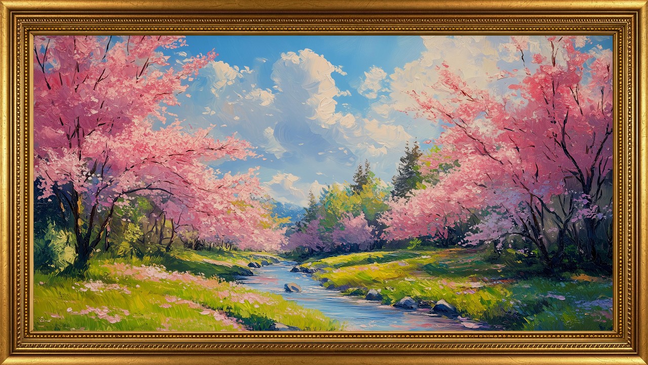 Serene Cherry Blossom Spring Landscape | Impressionist Oil Painting | Frame TV Art Screensaver 4K