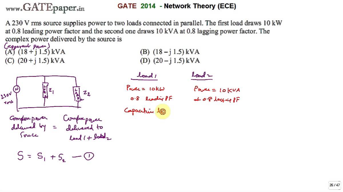 GATE 2014 ECE Complex Apparent power delivered by the source to loads in parallel