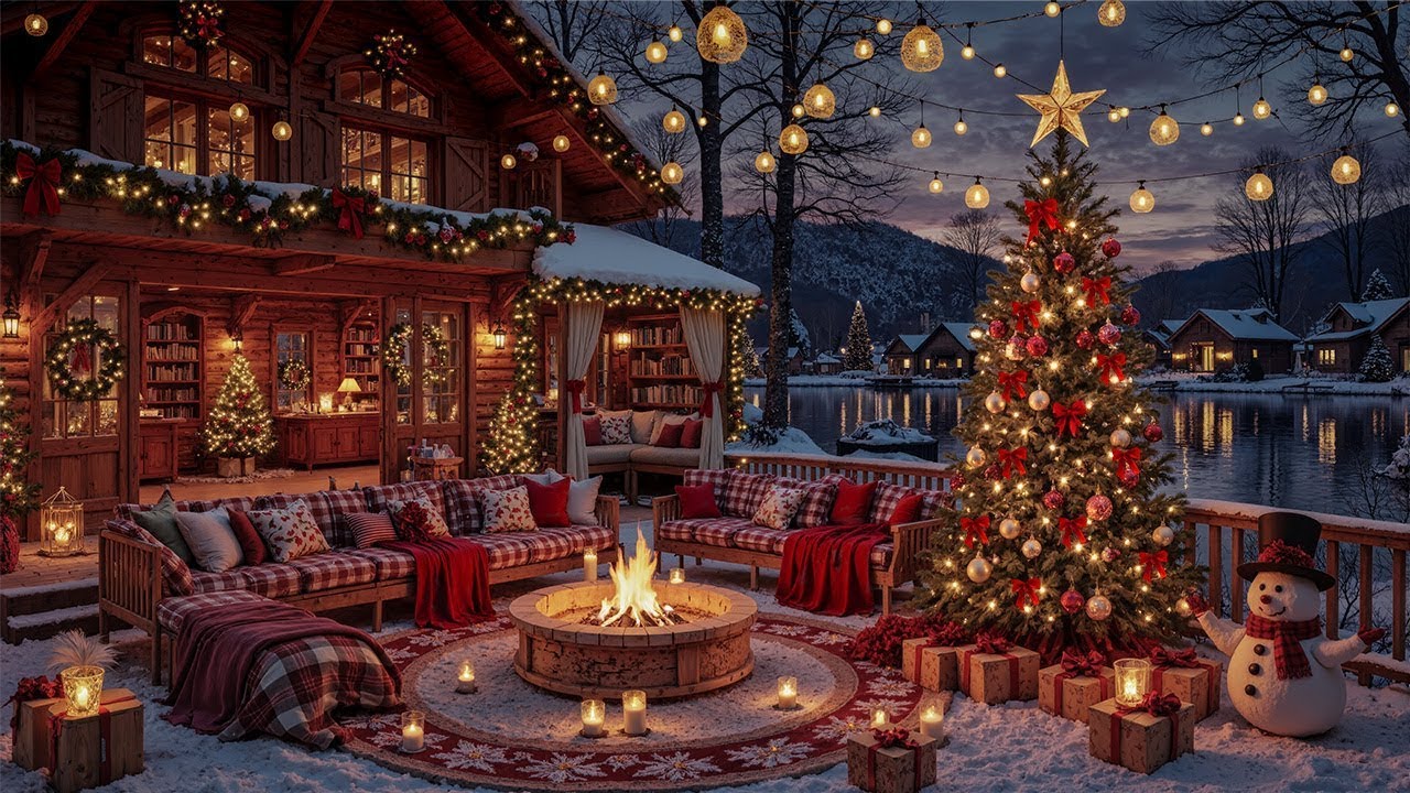 Ambiance paisible de Noël 🎅 Chalet d'hiver chaleureux avec jazz de Noël et crépitement du feu