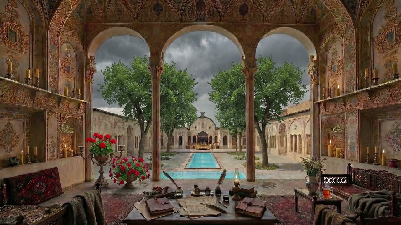 Deep Focus in a traditional Persian Courtyard 🌧️ 10 Hours of Piano, Cello, Rain (Poet Core Ambience)