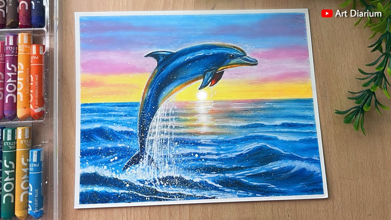 Drawing a Dolphin in Ocean with Oil Pastel - Step-by-step tutorial 🎨✨ 🐬