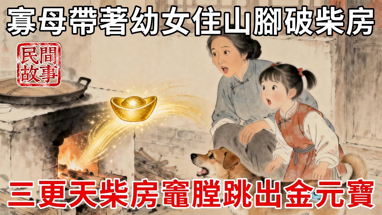 寡母帶著幼女避禍，住在山腳破柴房，撿到一只小土狗，三更天小土狗狂叫，柴房竈膛竟跳出金元寶！#民間故事 #傳統文化 #原創虛構 #華語有聲書 #槐樹下聽書