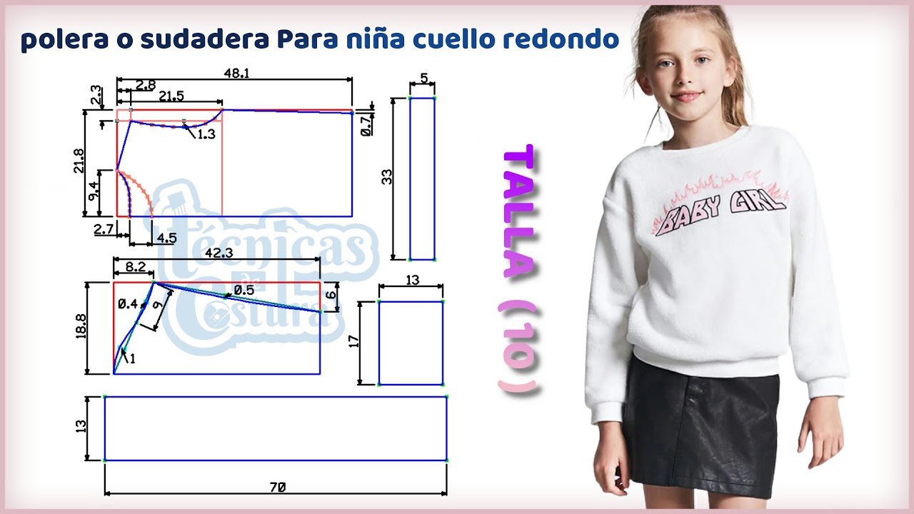 molde de polera o sudadera para niña cuello redondo talla 10  | técnicas de costura |