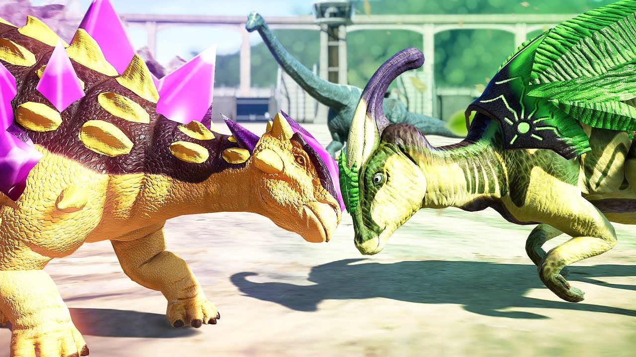 Dinotector Paris Vs Tank | Parasaurolophus Vs Saichania - Jurassic World Evolution Dinosaur King Mod