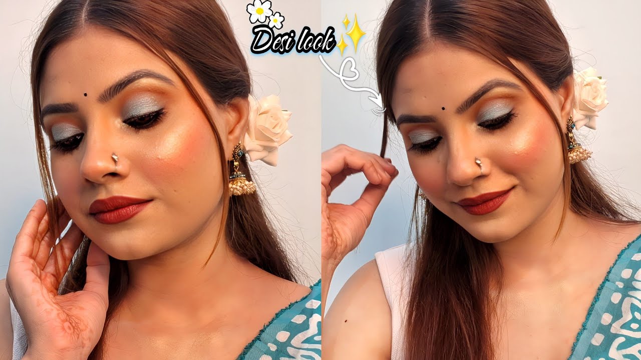 ✨️Desi Festive Makeup Look for Sky Blue Saree | Beginner Friendly /Saree makeup/Durga puja Makeup