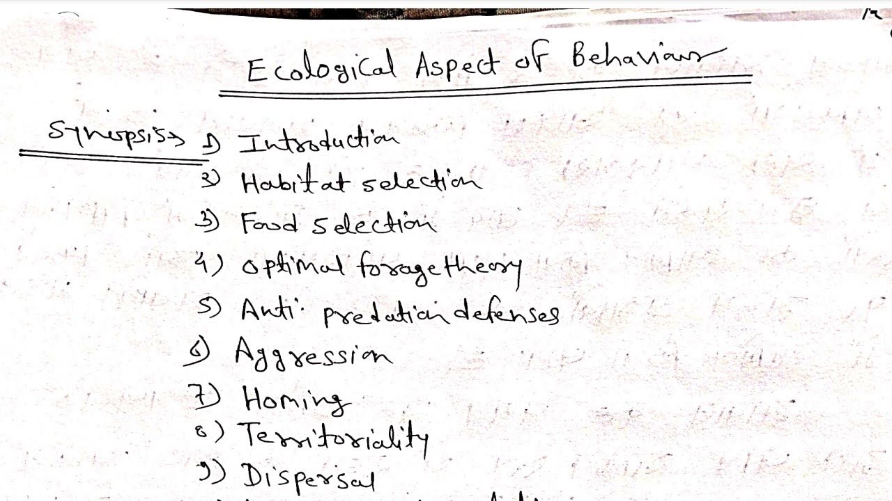 Ecological aspects of behaviour: Habitat, food selection, optimal foraging theory.....