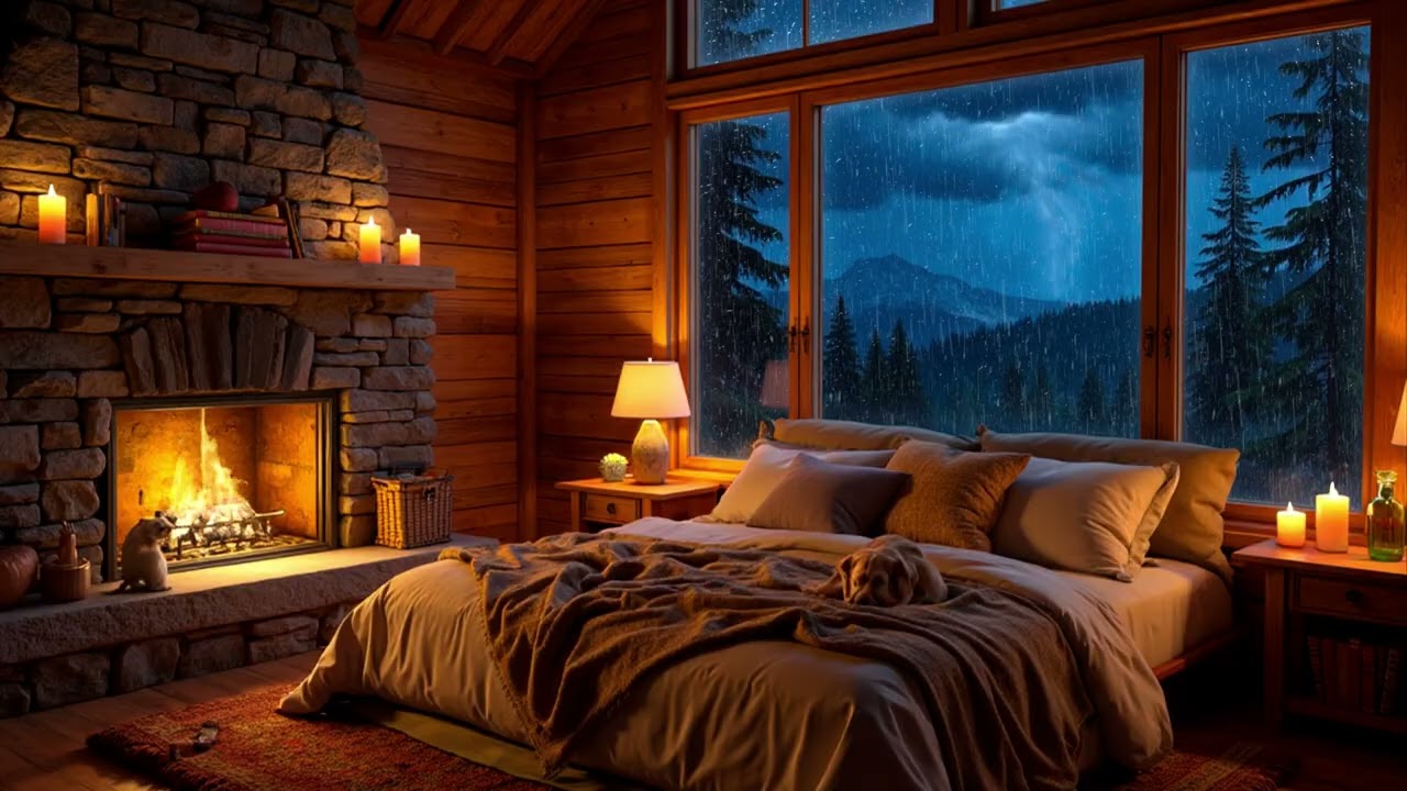 Gentle Rain Over a Mountain Bedroom Cabin | Warm Fireplace Night Ambience for Deep Sleep