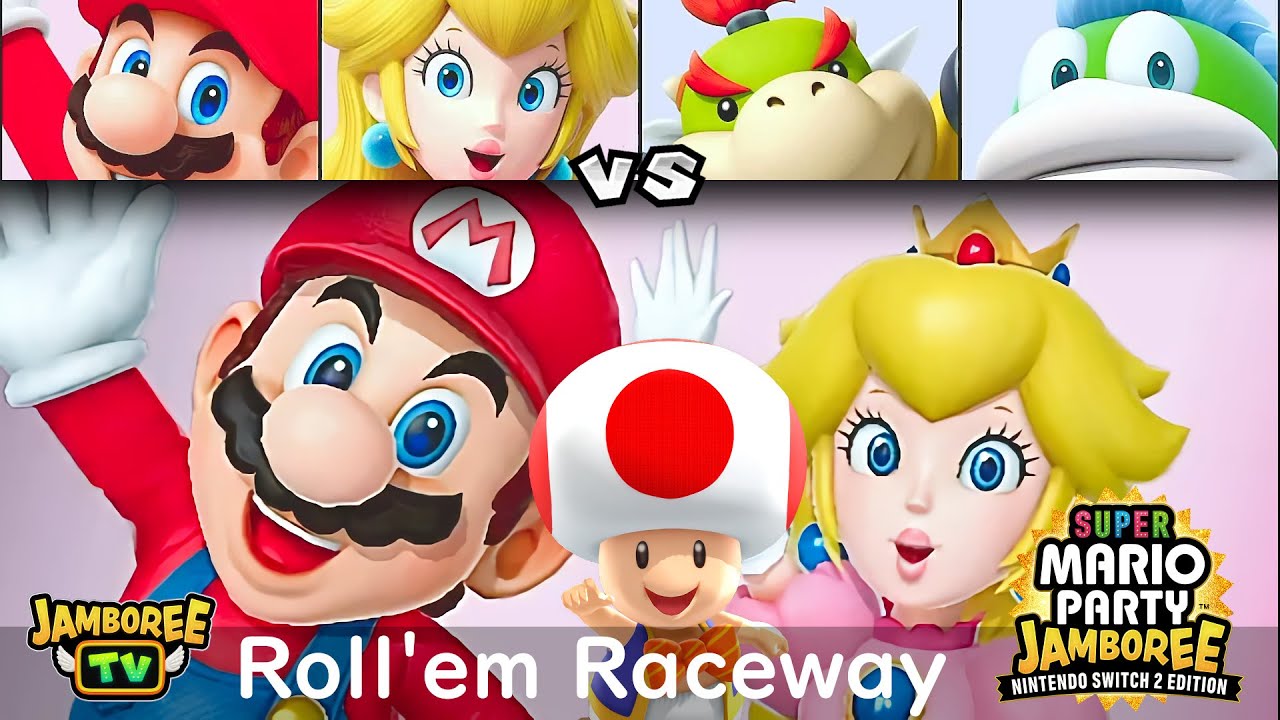 Super Mario Party Jamboree TV Mario and Peach vs Bowser Jr and Spike in Roll'em Raceway