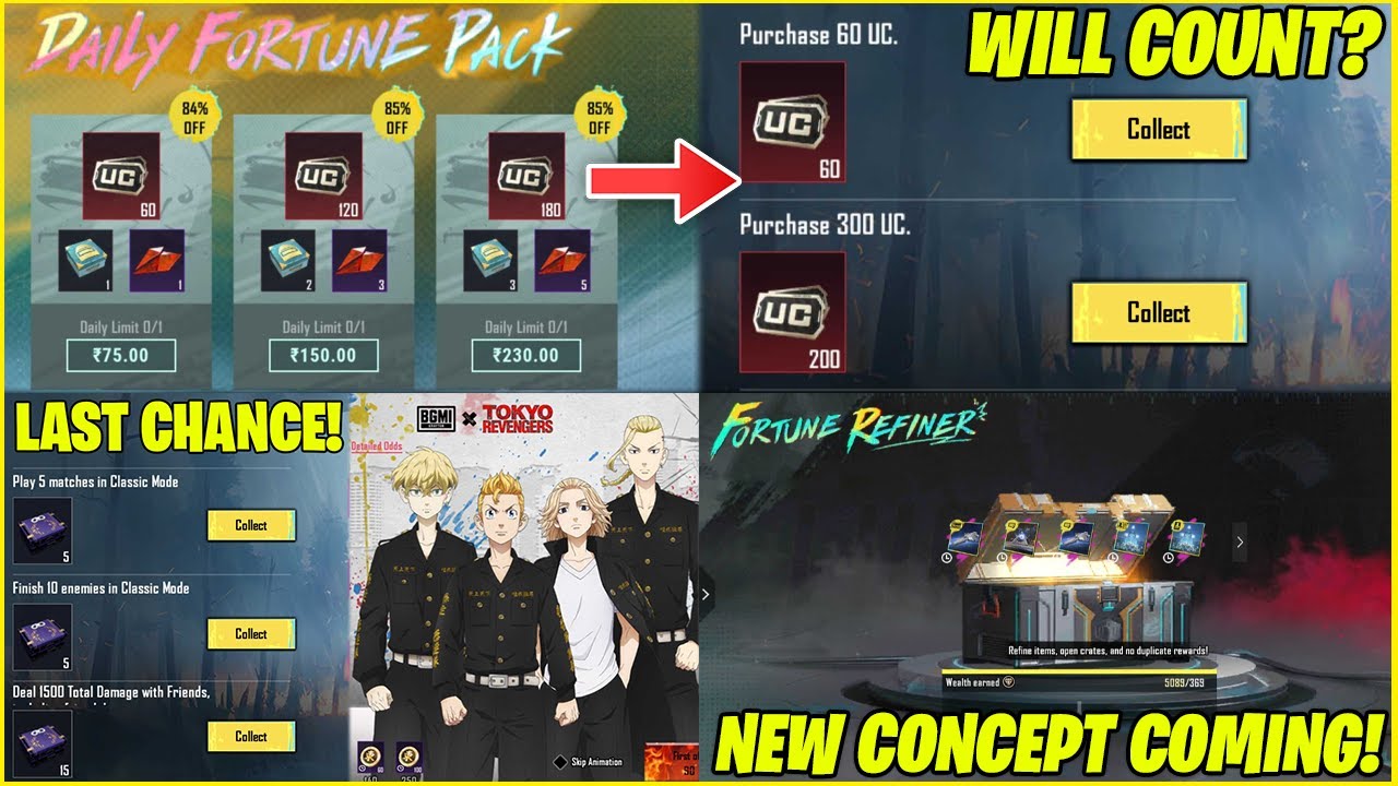 😅 BGMI DAILY FORTUNE PACK + UC UP IS HERE || LAST CHANCE TO FOR TOKYO REVENGER || FORTUNE REFINER.