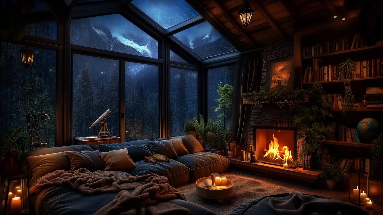 Mountain Thunderstorm - Fireside Serenity with Rain