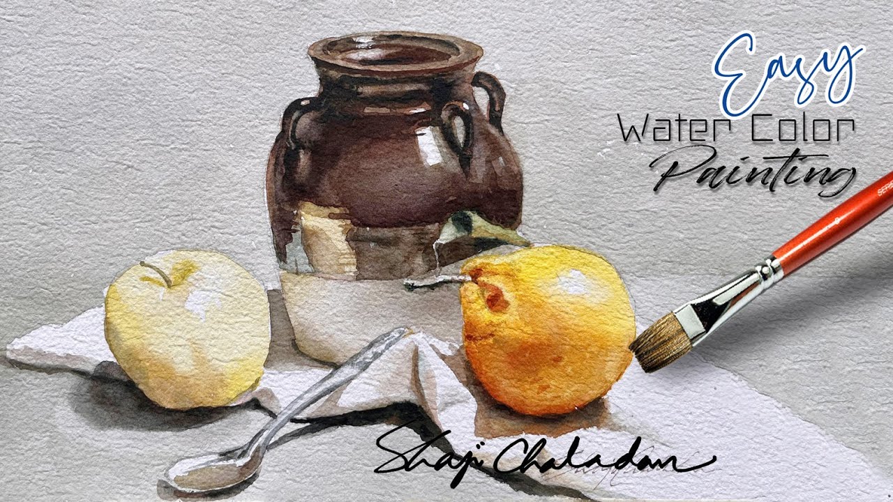 Watercolor Still-life painting | Vintage Bean Pot | Primary Colors Only