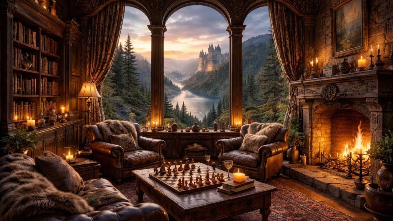 🔥🏰♟️Cozy Celtic Castle Library Ambience 4 Hours | Fireplace, Rainy View & Relaxing Study Vibes