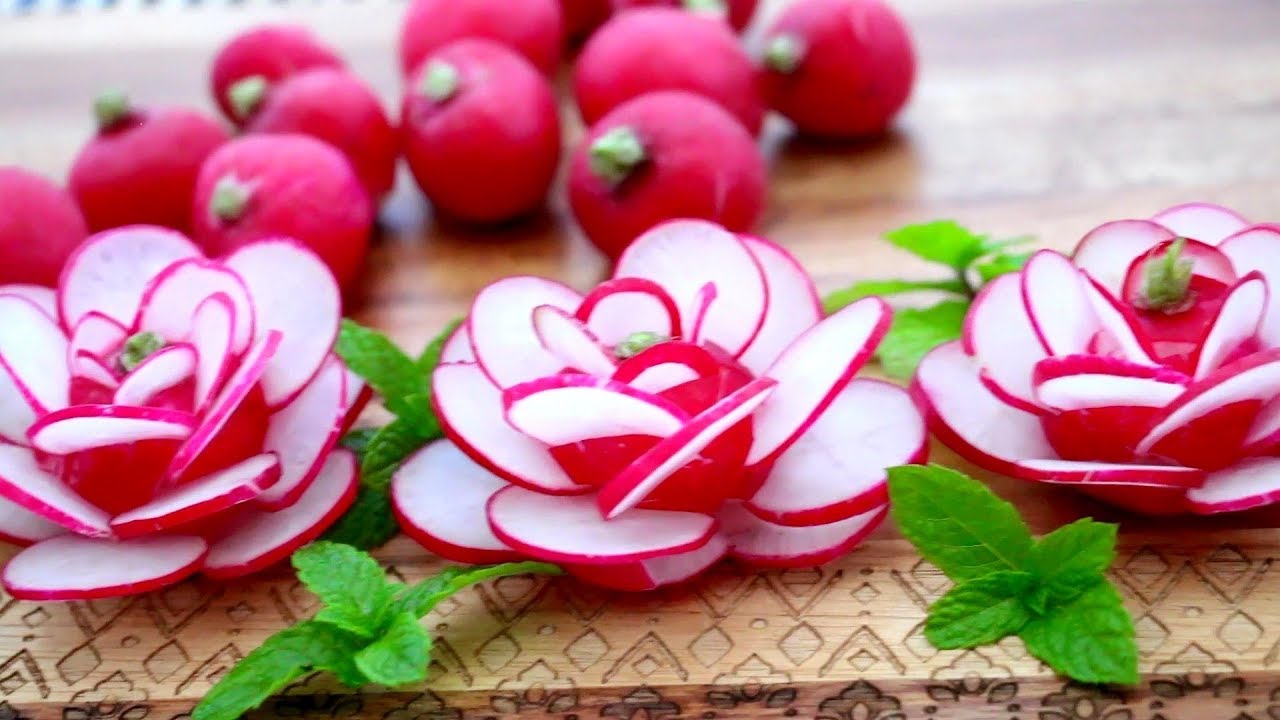 Red Radish Flowers | Flower Roses Garnish | Fruit & Vegetable Carving & Cutting Garnish
